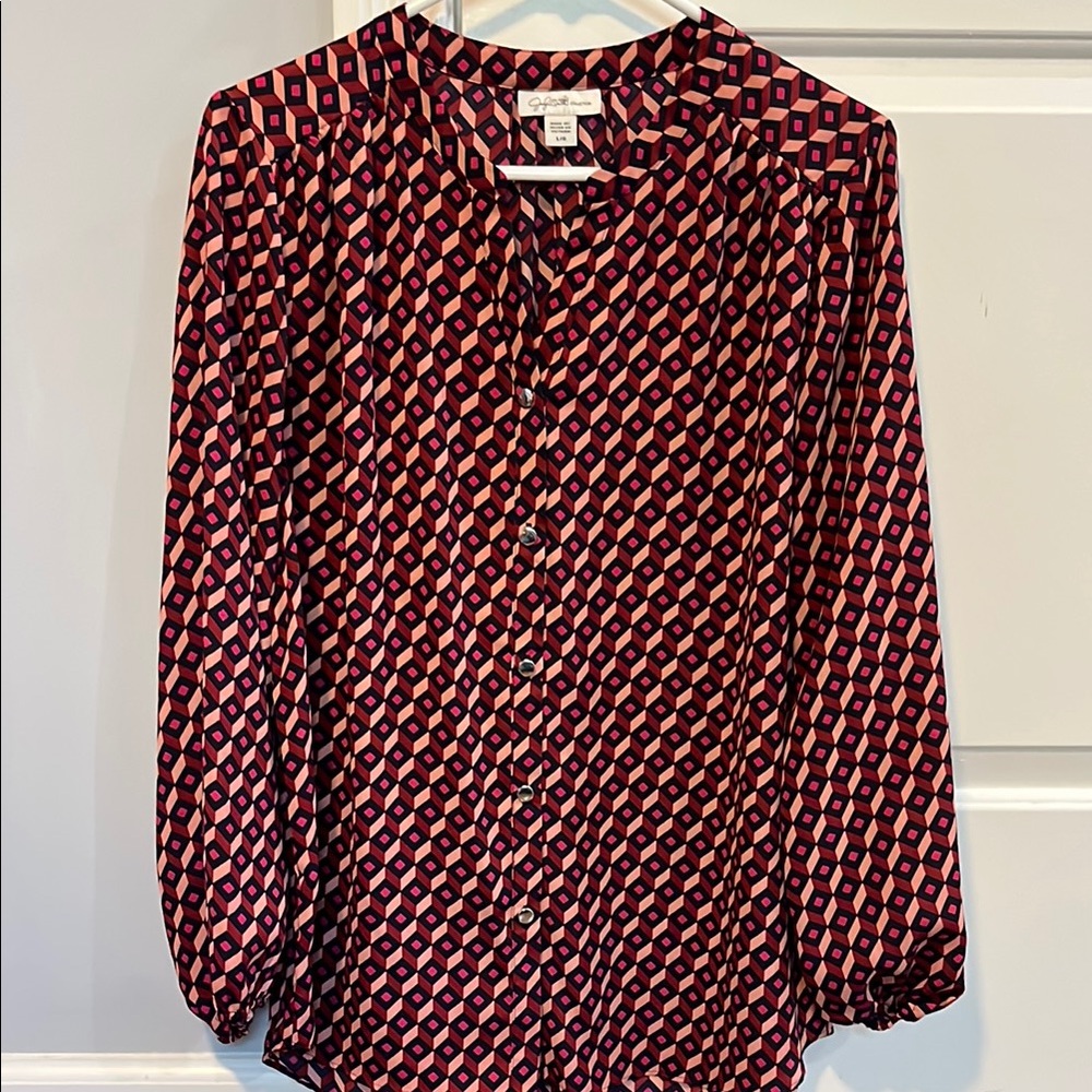 Jaclyn Smith Red and White Puff Sleeve Blouse